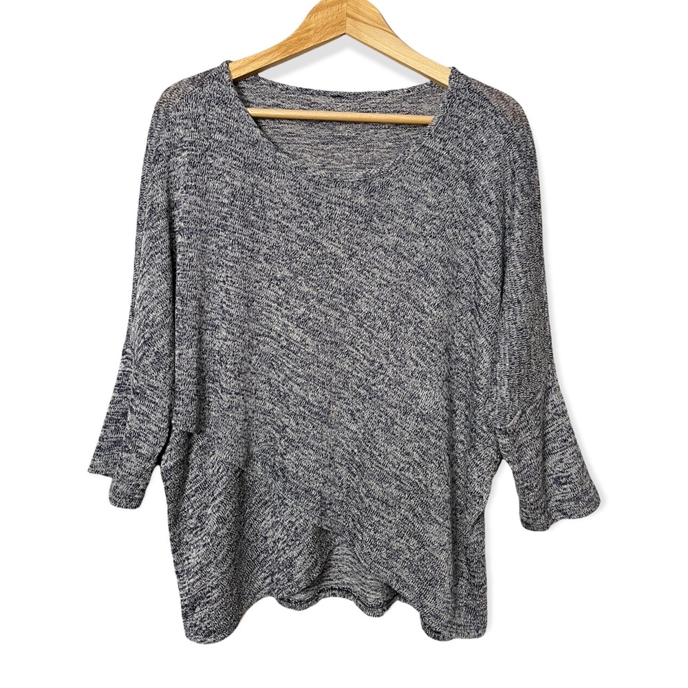 Crossover Front Slouchy Lightweight Salt and Pepper Knit 3/4 Sleeve Sweater
